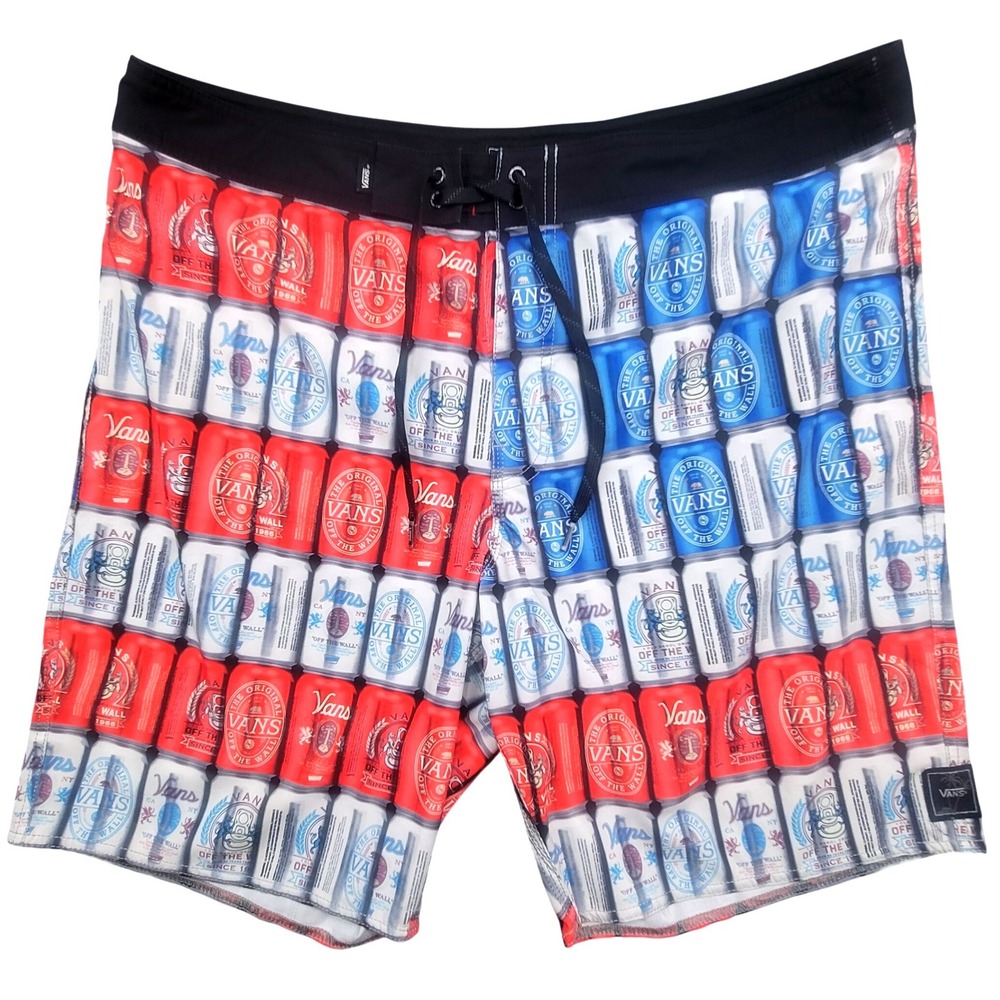 Vans Mens 36 Board Shorts Beer Can Print Red‎ White Blue Swim Trunks Skater Surf